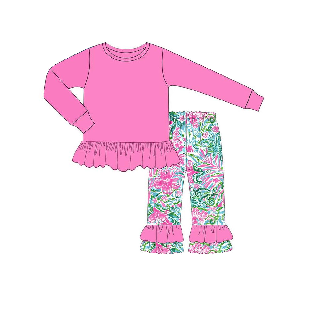 GLP1461 Solid light rose red long-sleeved flower leaf trousers suit