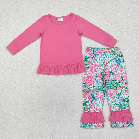 GLP1461 Solid light rose red long-sleeved flower leaf trousers suit