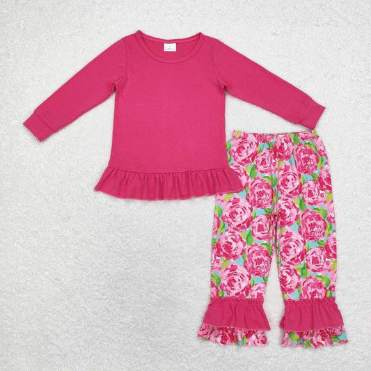 GLP1462 Solid Rose Red Long Sleeve Floral Trousers Set