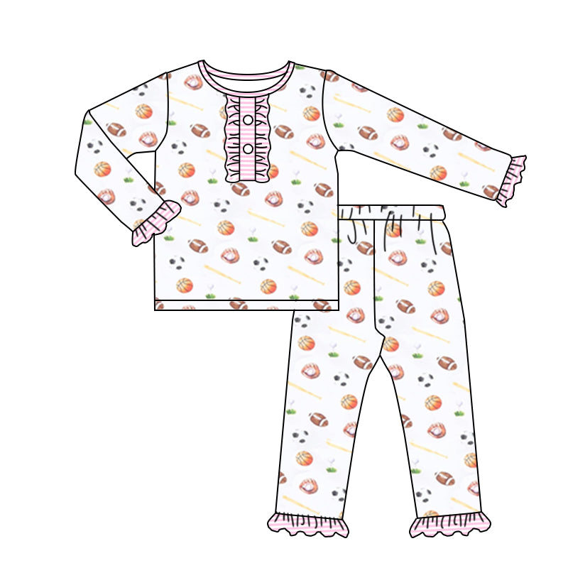 presale GLP1466 Rugby football basketball striped lace pink and white long-sleeved long pants pajama set