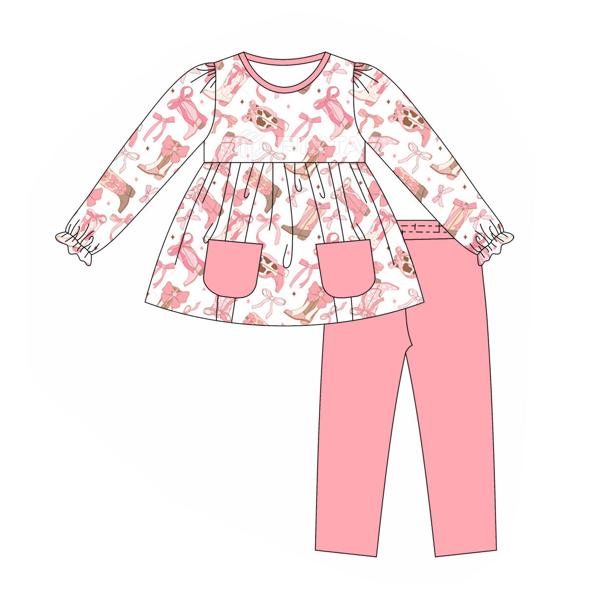 presale GLP1467 Bow pattern boots pink pocket white long sleeve trousers set