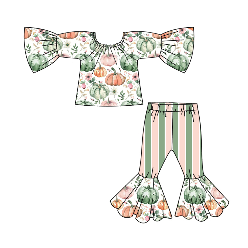 presale GLP1469 Pumpkin flower embroidery pink and green striped trousers set