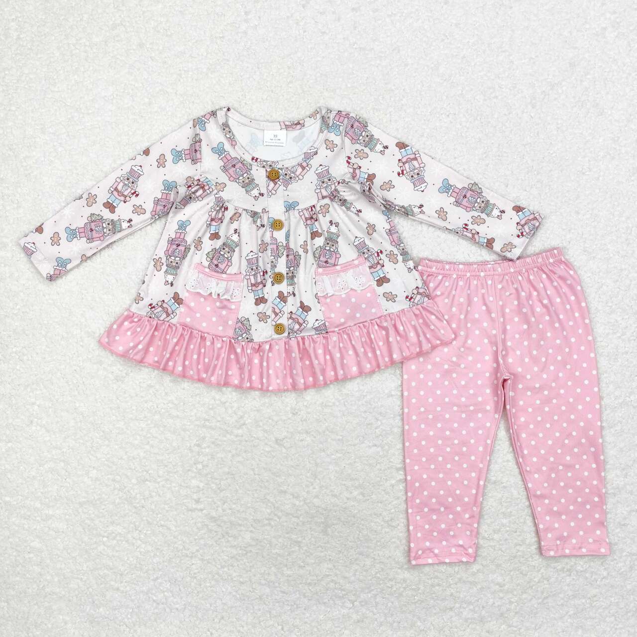 GLP1471  Christmas Polka Dot Lace Pocket Pink Long Sleeve Pants Set