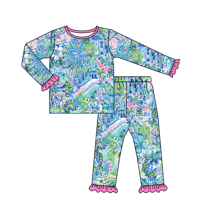 GLP1481 Bamboo Flower House Landscape Rose Red Lace Long Sleeve Long Pants Pajama Set