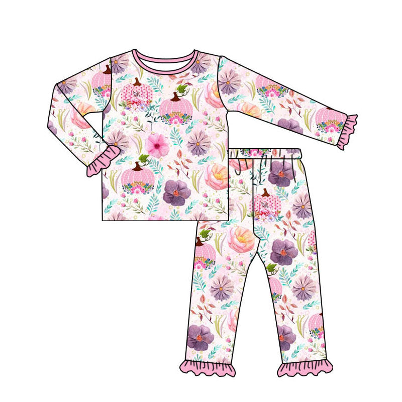 presale GLP1482 Floral Pumpkin Pink Lace Long Sleeve Long Pants Pajama Set