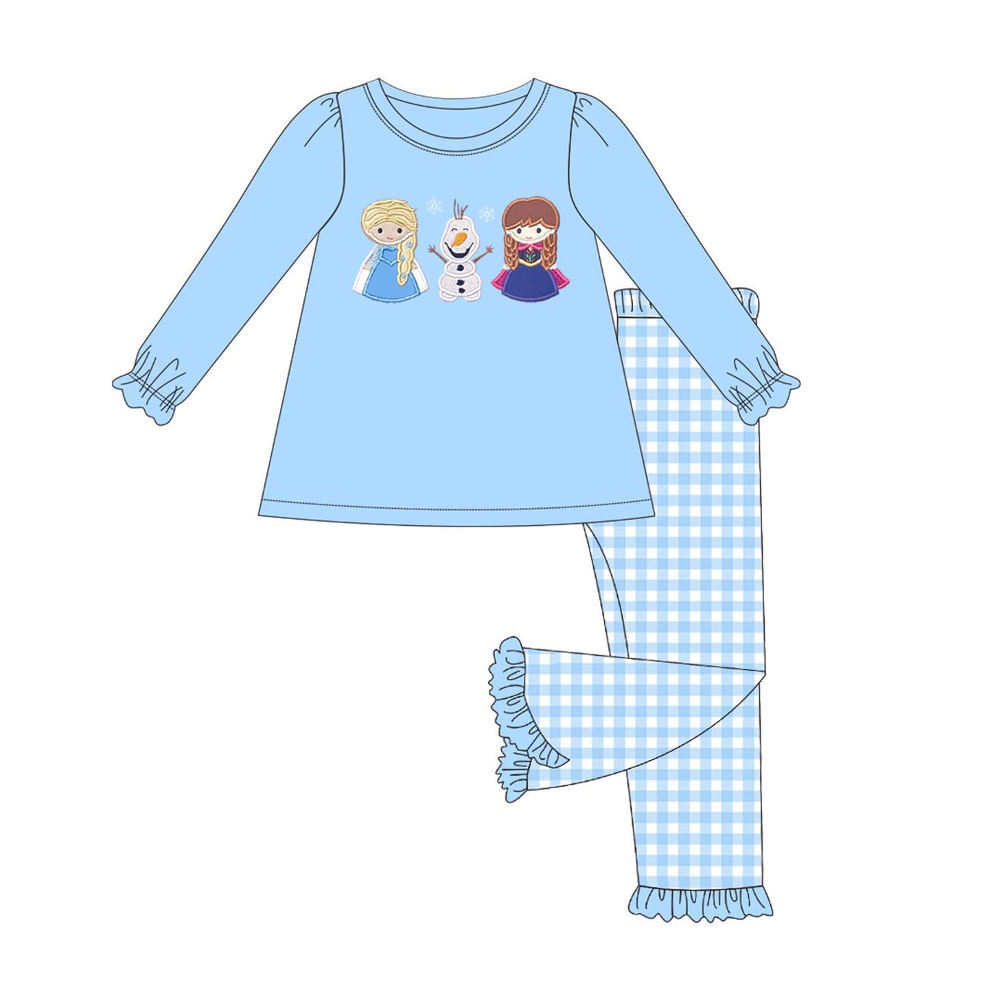 GLP1484 Princess Snowman Blue Long Sleeve Plaid Pants Suit