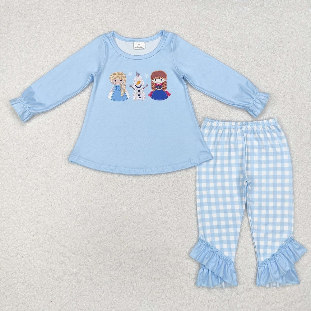 GLP1484 kids Snowman Blue Long Sleeve Plaid Pants Suit