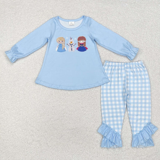 GLP1484 kids Snowman Blue Long Sleeve Plaid Pants Suit