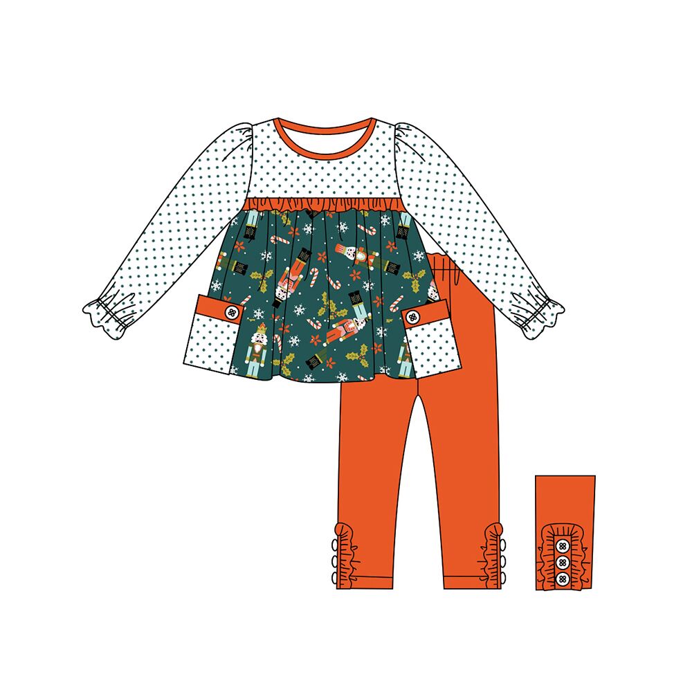 presale GLP1485 Christmas Tree Cane Polka Dot Pocket Orange Lace Long Sleeve Pants Set