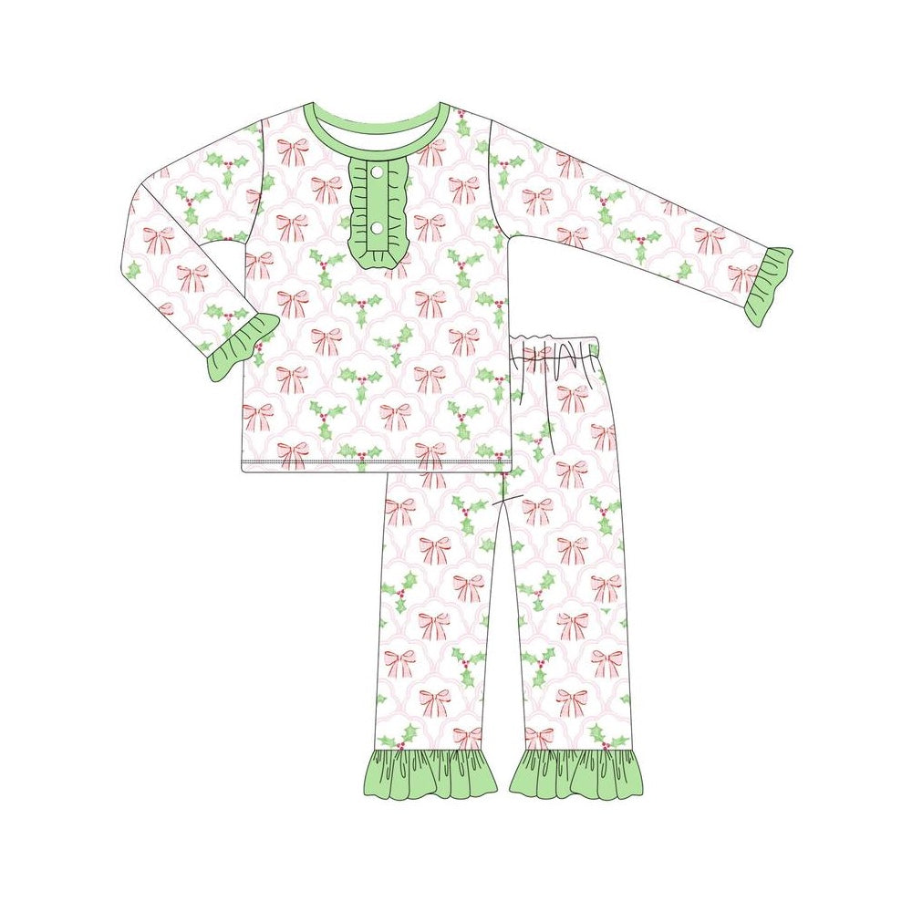 presale GLP1487 Pink bow pattern leaves green lace white long sleeves and long pants pajama set