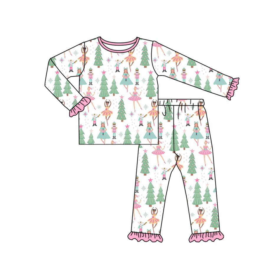 presale GLP1488 Christmas Pink Lace White Long Sleeve Long Pants Pajama Set