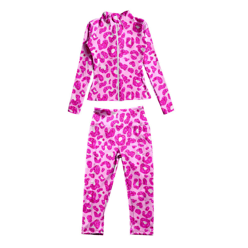 presale GLP1492 Rose Red Leopard Print Zipper Long Sleeve Pants Yoga Suit