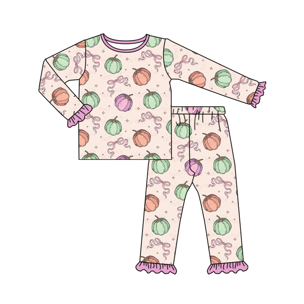 presale GLP1497 Pumpkin Bow Pattern Pink and Purple Lace Long Sleeve Long Pants Pajama Set