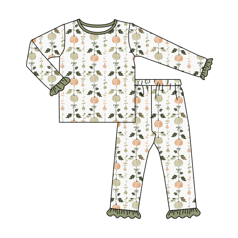 presale GLP1498 Pumpkin Leaf Lace White and Green Long Sleeve Long Pants Pajama Set