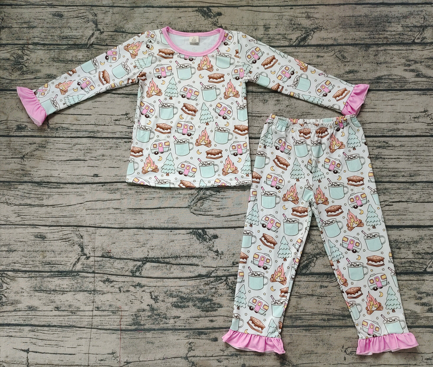 GLP1502 BAMBOO Christmas tree fire camper mug pink lace long sleeve long pants pajama set