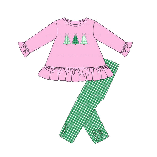 presale GLP1505 Bow Christmas Tree Pink Long Sleeve Green Plaid Trousers Set
