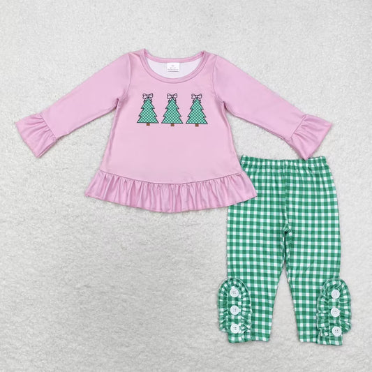 GLP1505 Bow Christmas Tree Pink Long Sleeve Green Plaid Trousers Set