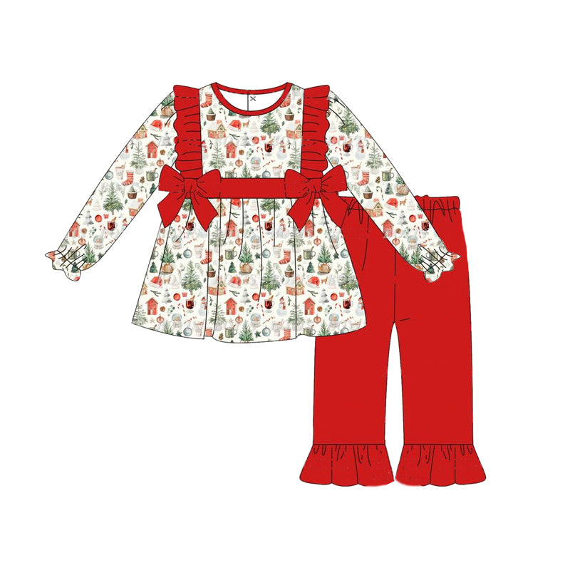 presale GLP1506 Christmas Tree Snowman House Red Lace Bow Long Sleeve Pants Set