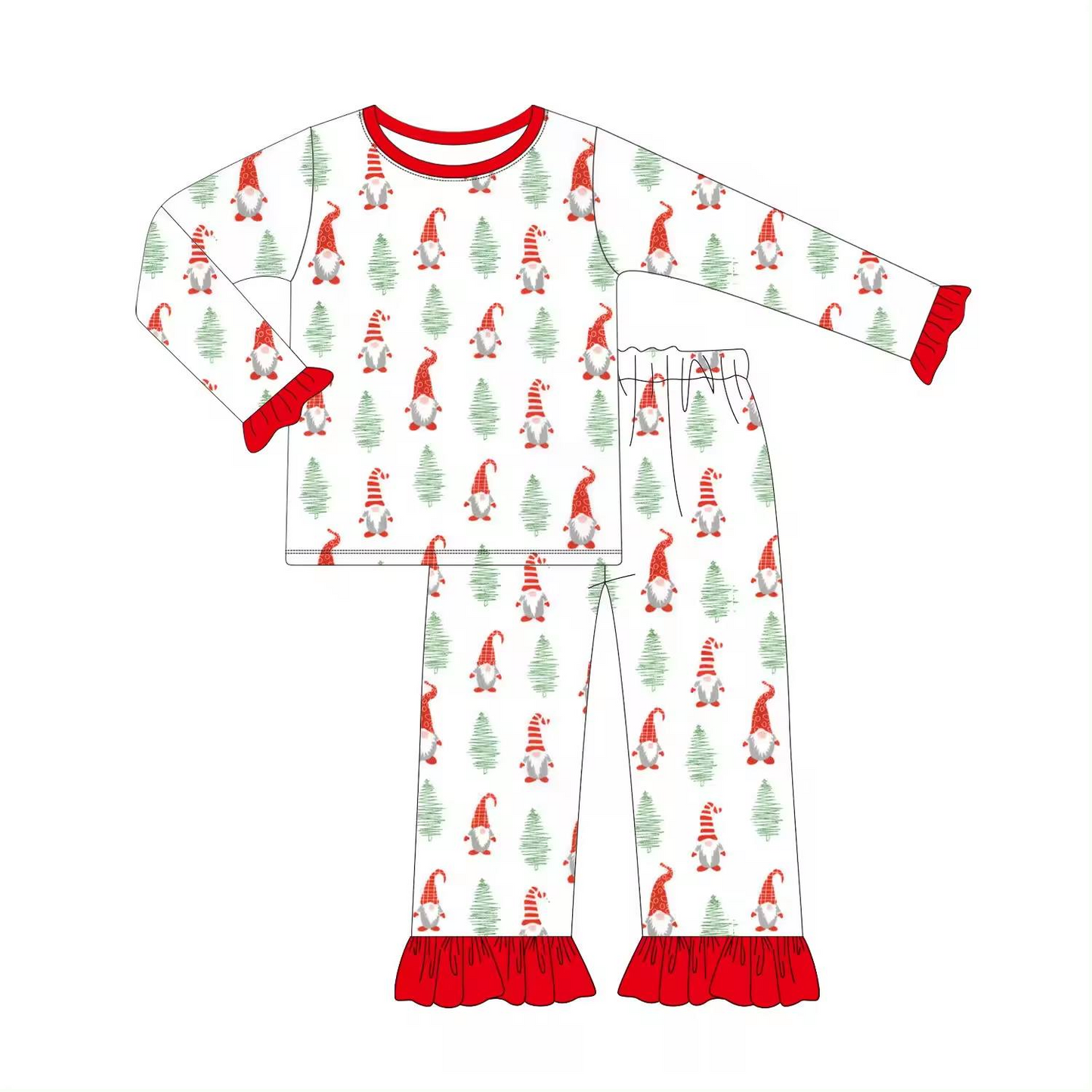 presale GLP1507 Christmas Tree Elf Lace Red and White Long Sleeve Long Pants Pajama Set