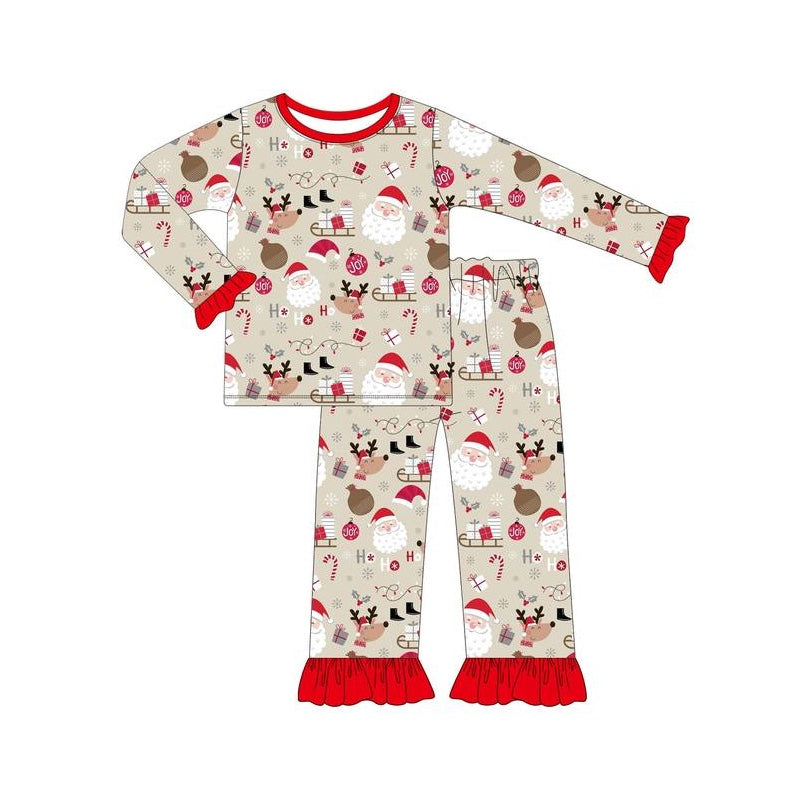 presale GLP1508 Santa Claus Reindeer Gift Lace Brown Long Sleeve Long Pants Pajama Set