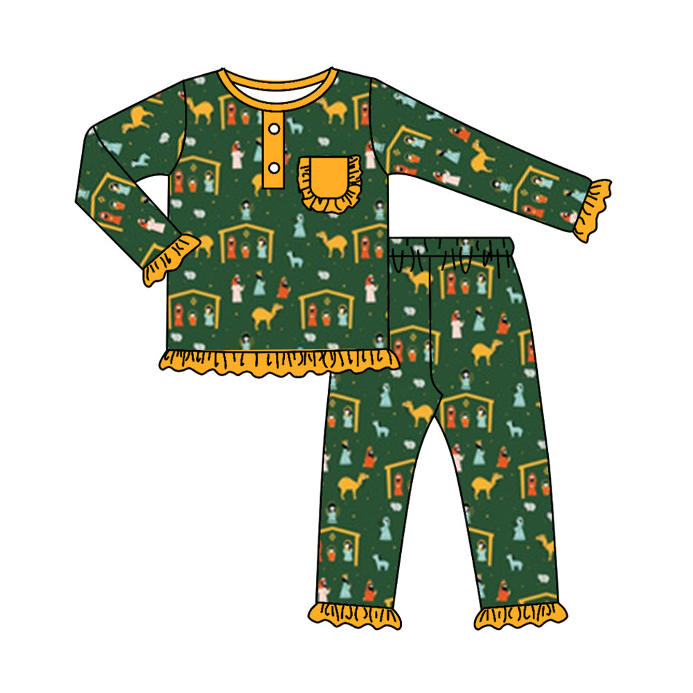 presale GLP1509 Jesus Camel Yellow Lace Pocket Green Long Sleeve Long Pants Pajama Set