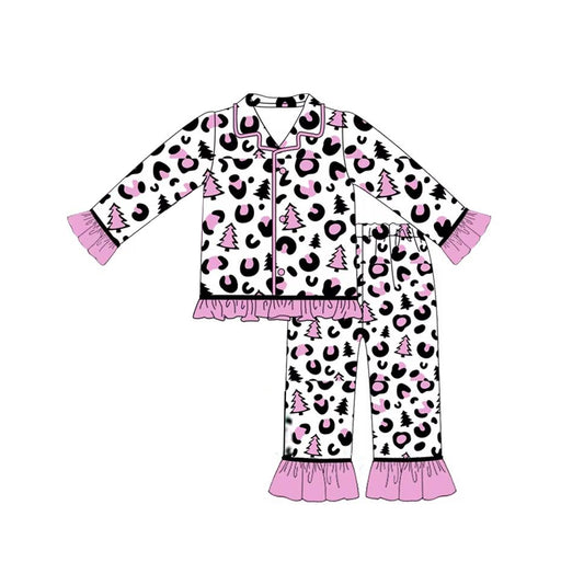 presale GLP1513 Christmas tree leopard print purple lace white long sleeve long pants pajama set