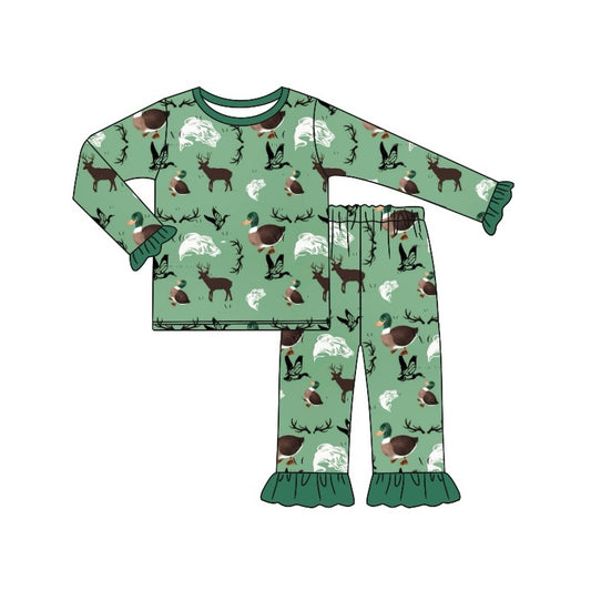 presale GLP1519 Duck Fish Elk Lace Green Long Sleeve Long Pants Pajama Set