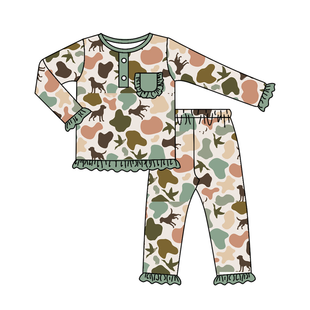 presale GLP1520 Puppy Duck Camouflage Green Lace Pocket Long Sleeve Long Pants Pajama Set