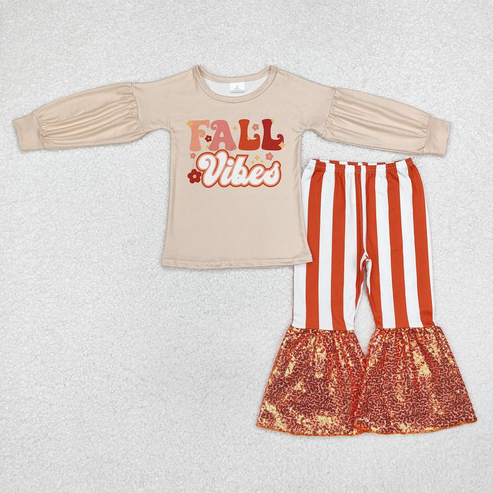 GLP1527 Lettering long-sleeved striped orange sequined trousers suit