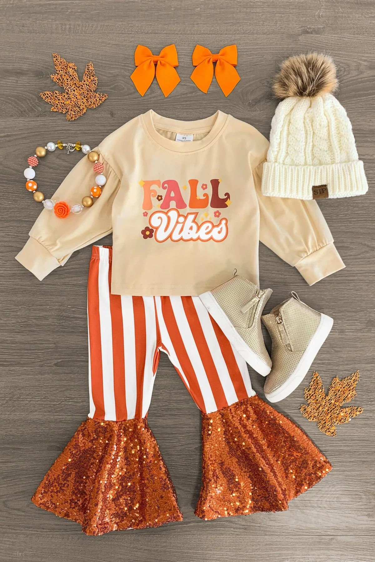 GLP1527 Lettering long-sleeved striped orange sequined trousers suit