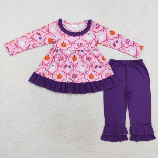 GLP1533 Ghost Pumpkin Bow Pattern Purple Lace Pink Long Sleeve Pants Set