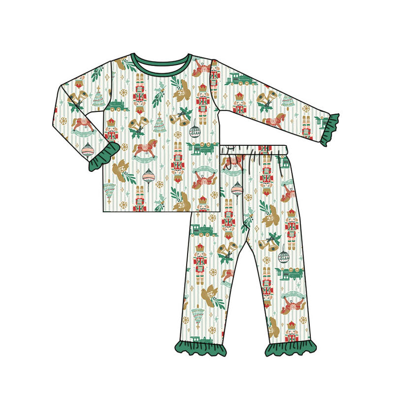 presale GLP1536 Train Bird Green Lace Stripe Long Sleeve Long Pants Pajama Set