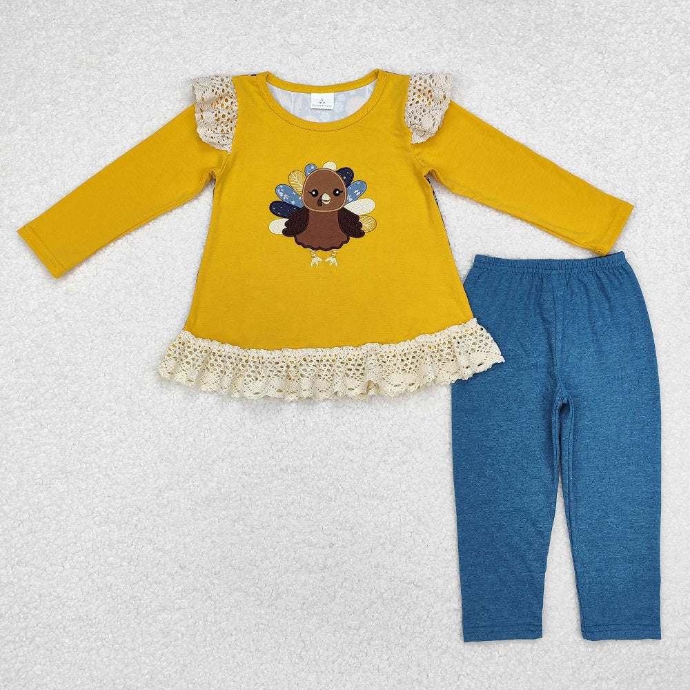 GLP1542 Turkey Lace Yellow Long Sleeve Blue Pants Suit