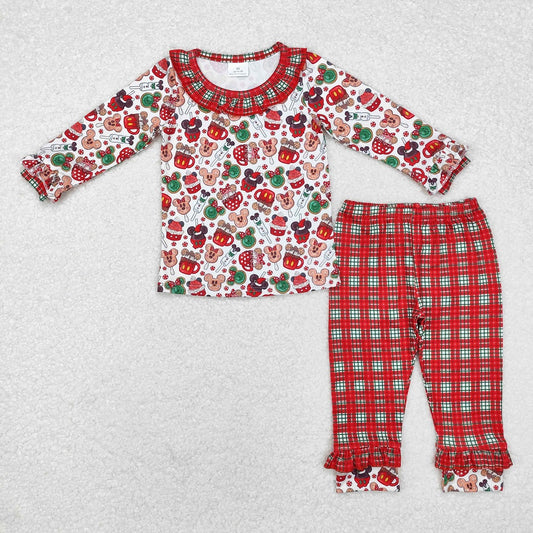 GLP1550 Baby Girls Christmas Cartoon Mouses Top Plaid Pants Pajamas Clothes Sets