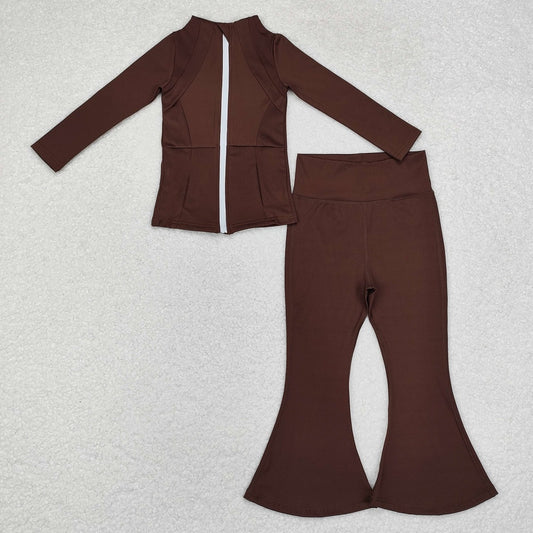 GLP1552 Baby Girls Brown Yoga Active Wear Jackets Pants 2pcs Clothes Sets