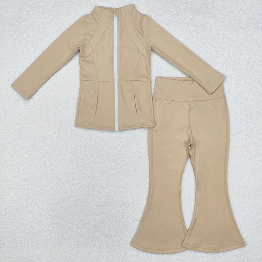 GLP1555 Baby Girls Khaki Yoga Active Wear Jackets Pants 2pcs Clothes Sets