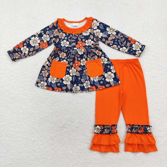 GLP1564 Flower Orange Lace Pocket Navy Blue Long Sleeve Pants Set