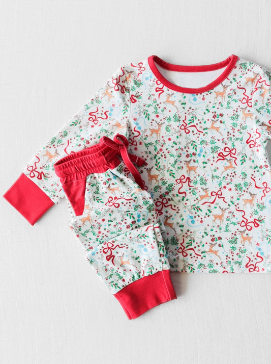 presale GLP1580 Christmas reindeer leaf bow pattern red and white long sleeve long pants pajama set  2024 7.15