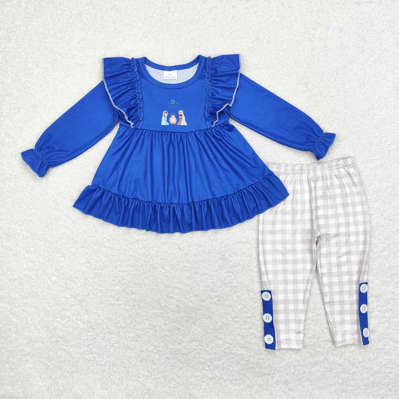 GLP1597 Blue Lace Long Sleeve Plaid Trousers Set