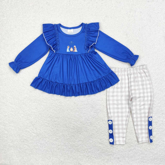 GLP1597 Blue Lace Long Sleeve Plaid Trousers Set