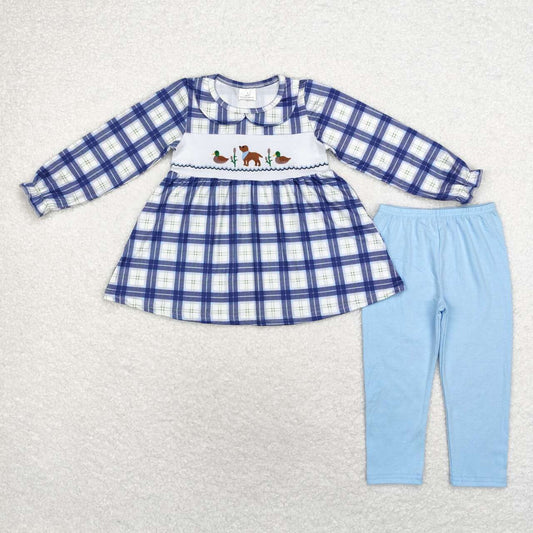 GLP1599 Duck Puppy Plaid Doll Collar Long Sleeve Blue Pants Suit