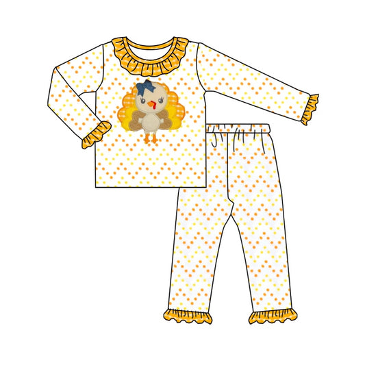 presale GLP1603  Turkey yellow and orange polka dot plaid lace white long sleeve long pants pajama set 2024 7.17