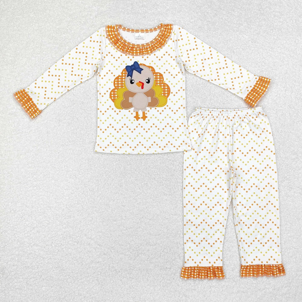 GLP1603 Turkey yellow and orange polka dot plaid lace white long sleeve long pants pajama set