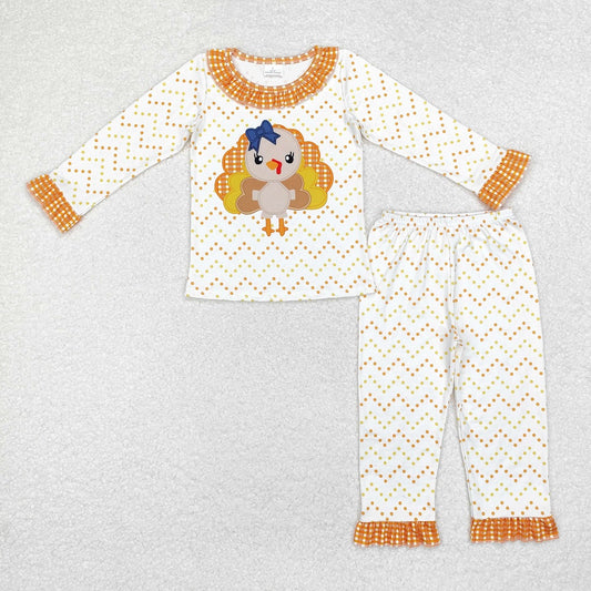 GLP1603 Turkey yellow and orange polka dot plaid lace white long sleeve long pants pajama set