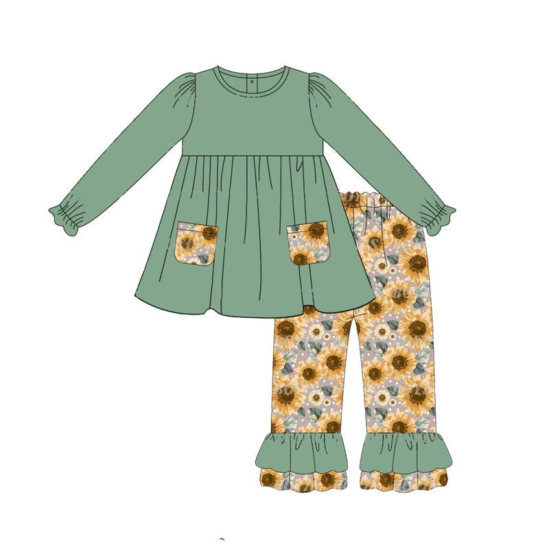 GLP1612 Green Sunflower Pocket Long Sleeve Pants Set