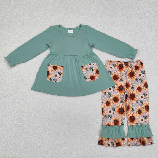 GLP1612 Green Sunflower Pocket Long Sleeve Pants Set
