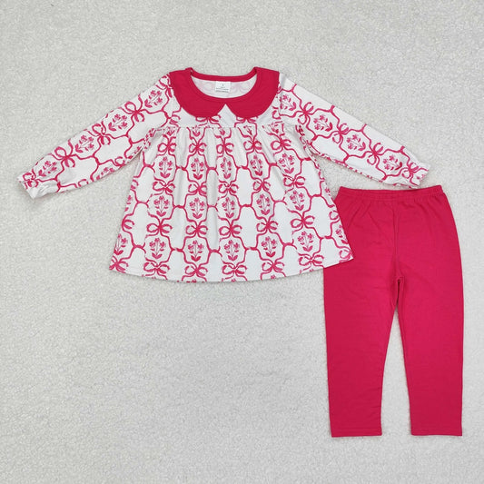 GLP1623 Flower and Bowknot Pattern Rose Red Doll Collar White Long Sleeve Trousers Suit