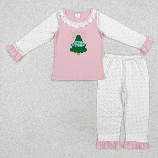 GLP1628 Christmas tree bow polka dot lace pink and white long-sleeved trousers pajama set