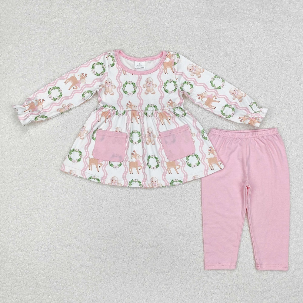 GLP1629  Gingerbread Man Deer Garland Pocket Pink and White Long Sleeve Pants Set