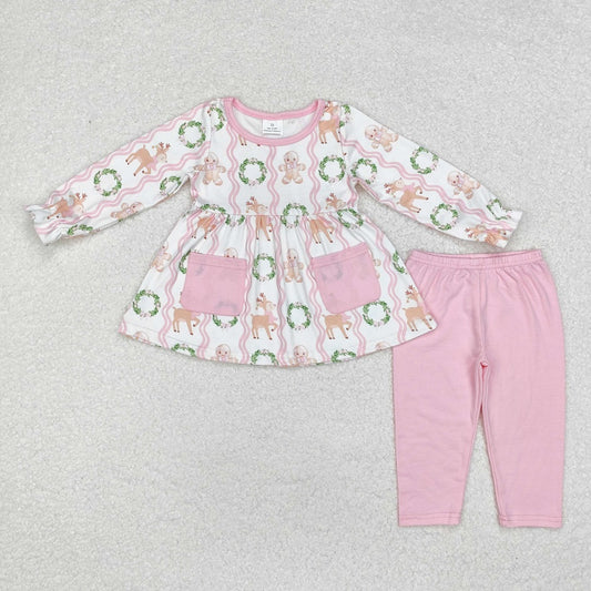 GLP1629  Gingerbread Man Deer Garland Pocket Pink and White Long Sleeve Pants Set